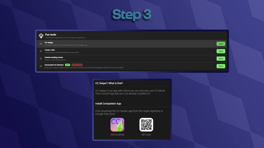 Text Reading 'Step 3'.
A menu called Fun Tools with CC-Swiper Listed Below.
There is an image of a QR code and the app icon.